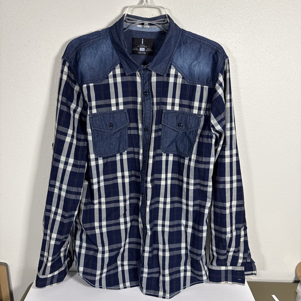 i jeans by Buffalo Shirt Men's L Blue Plaid Pockets Roll Tab L/S D2